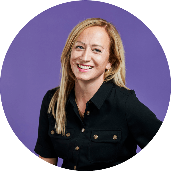 Smiling woman in black shirt on a purple circular background